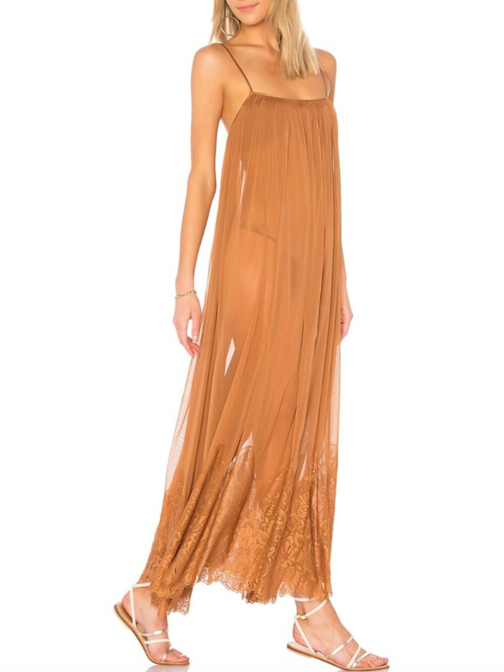 HAH HOT AS HELL x REVOLVE Mad Sheer Lace Trim‎ Maxi Dress in Brown Sugar